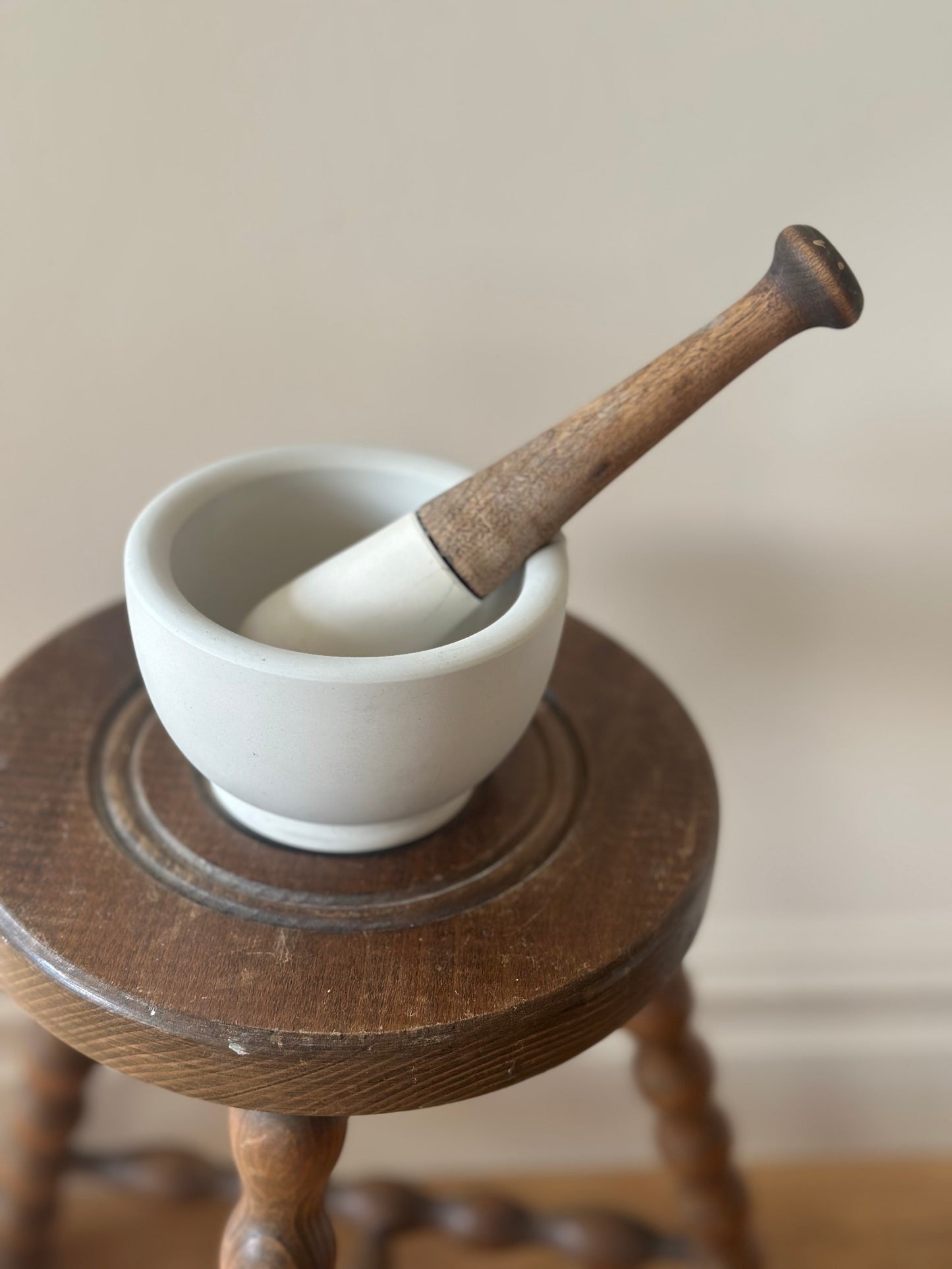 Vintage White Vitrified Porcelain Wood Mortar & Pestle