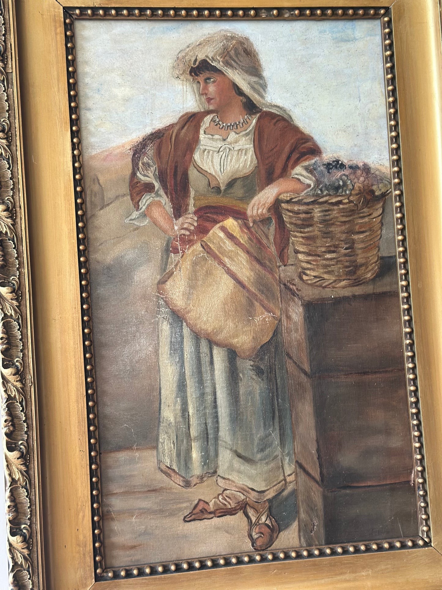 The grape seller - 19c oil painting - framed - large