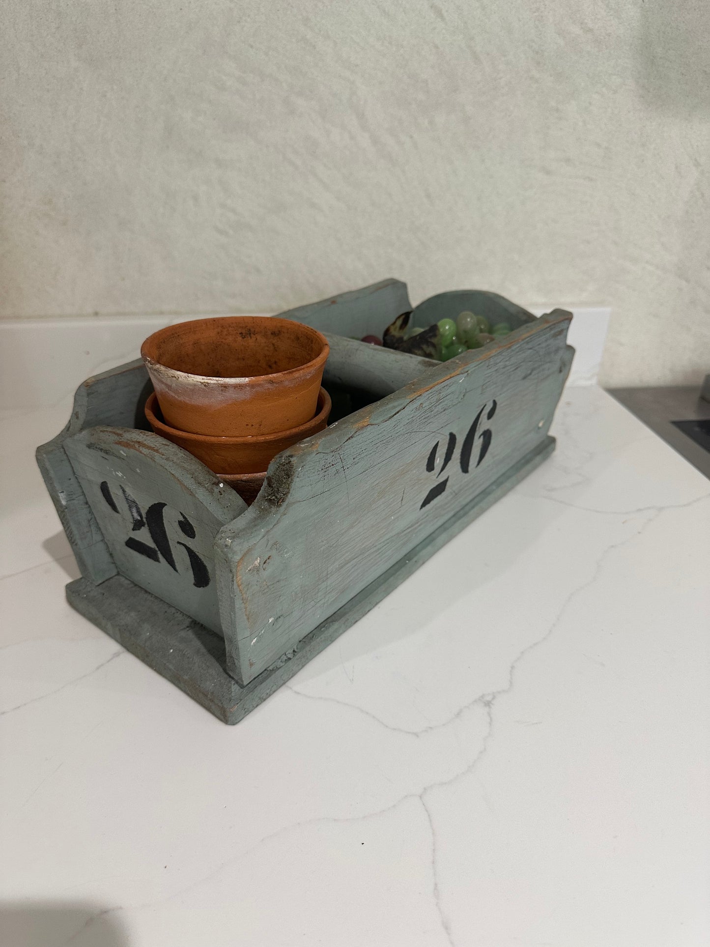 Vintage French baby blue chippy paint No 26 trug found in a vineyard
