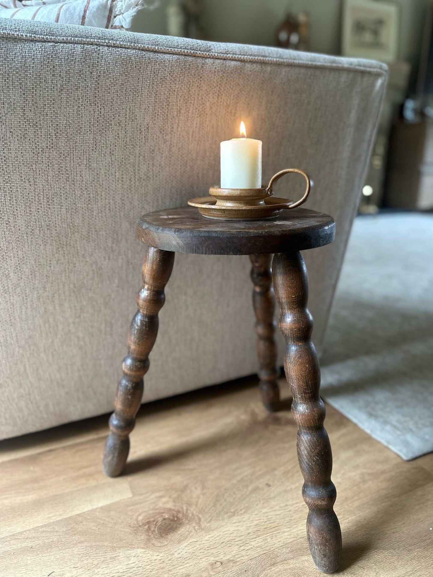 vintage French bobbin leg stool dark wood