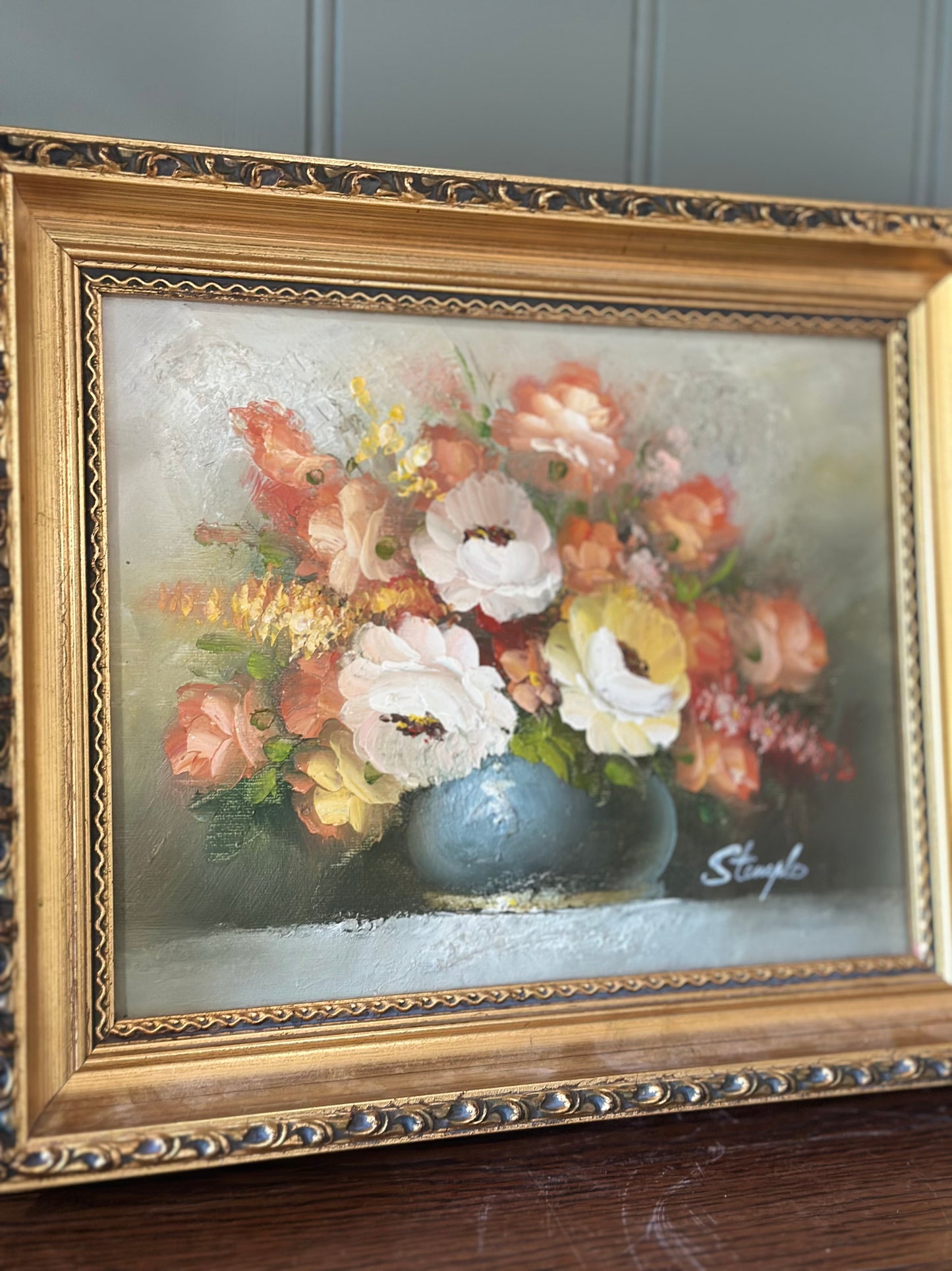 Floral oil - framed & signed vintage art