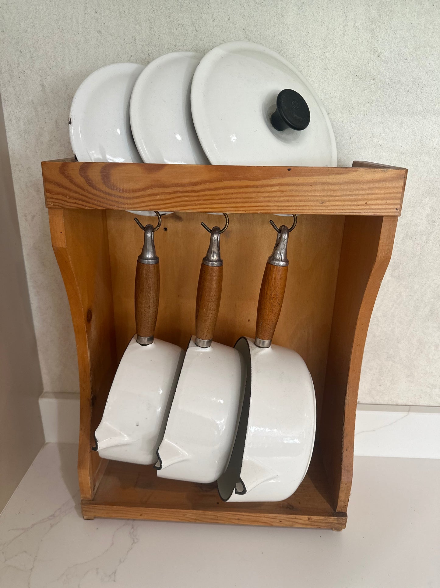 Vintage Set of Le creuset pans inc wall cabinet