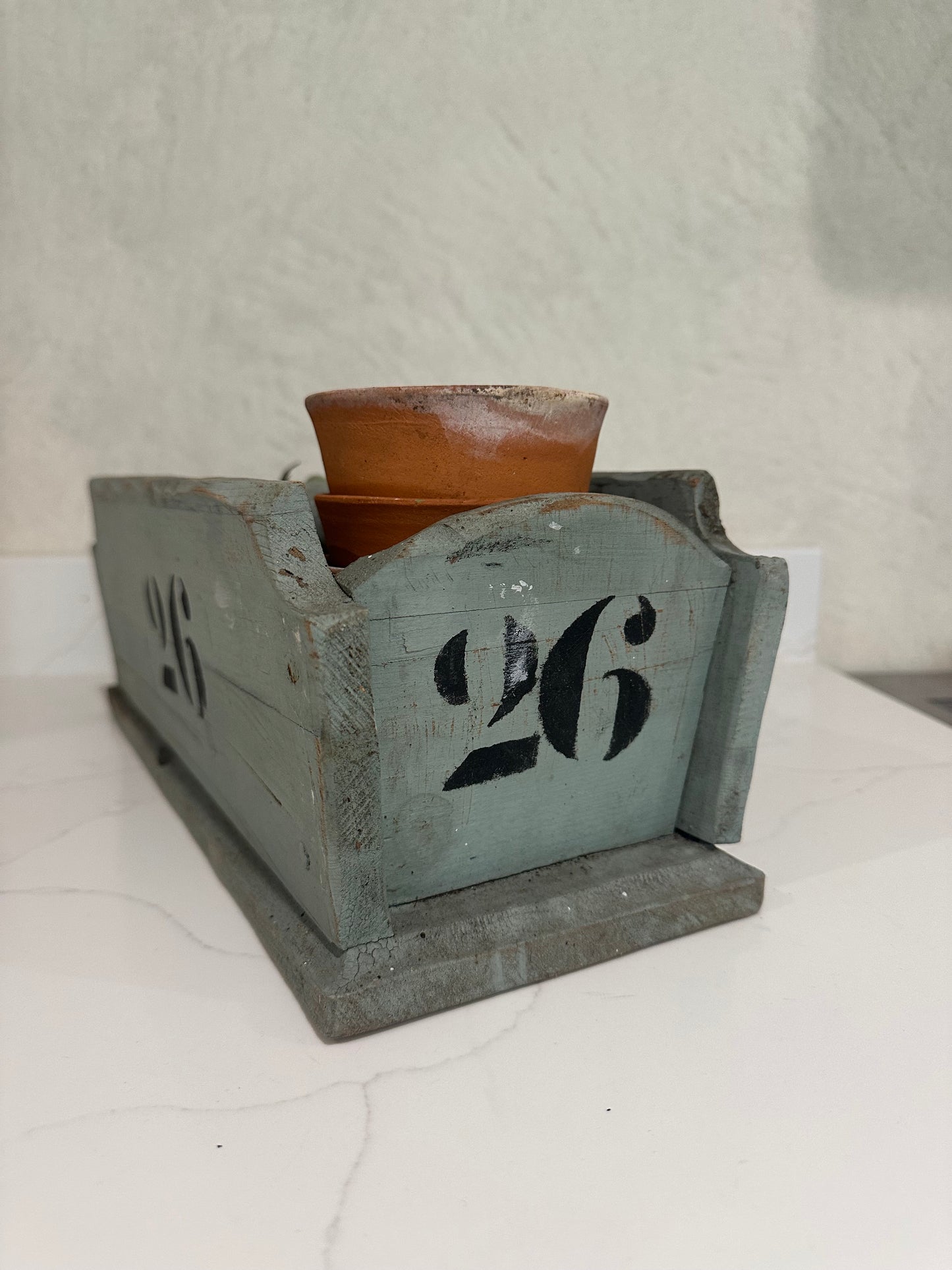 Vintage French baby blue chippy paint No 26 trug found in a vineyard