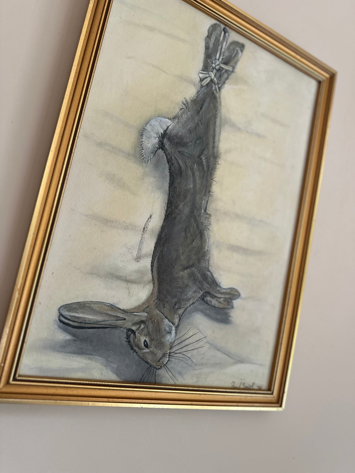 Vintage rabbit neutral painting signed by known painter Paul smith framed