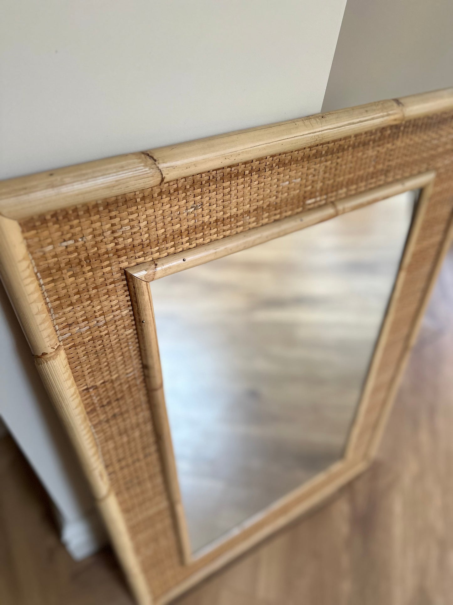 Mid century vintage rattan bamboo large mirror
