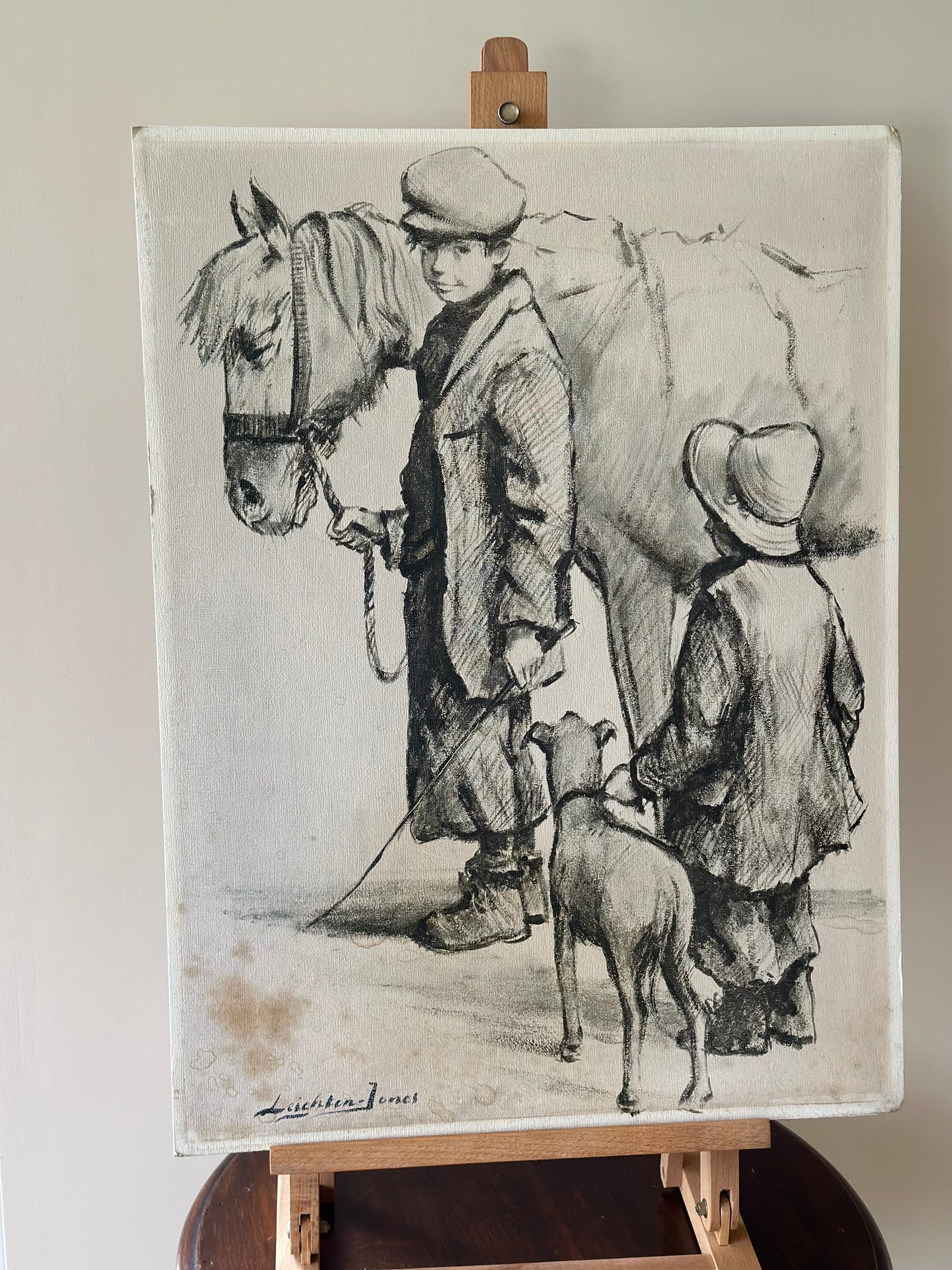Vintage wall art large - boy with horse