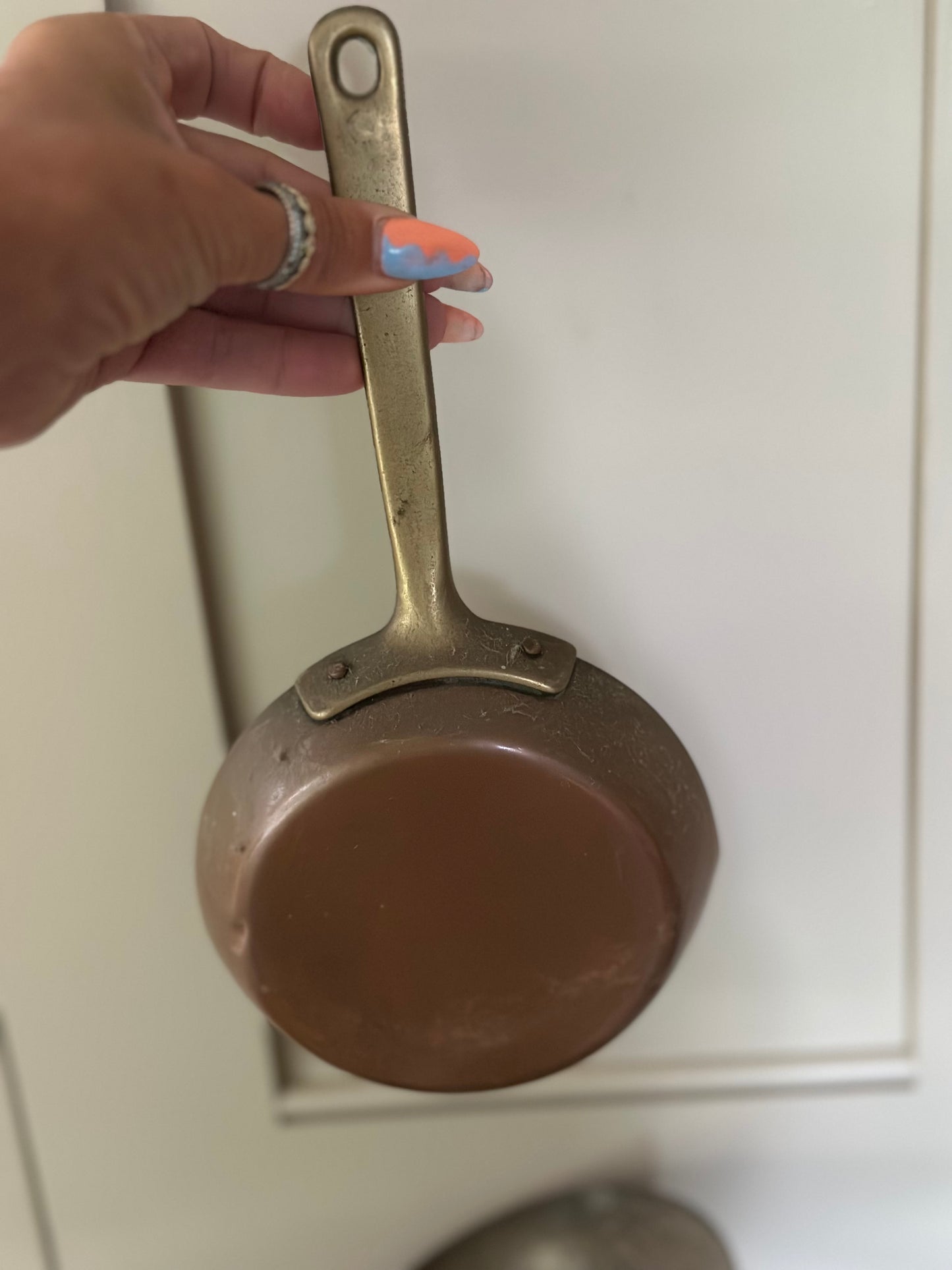 Set of 4 copper & brass hanging frying pans