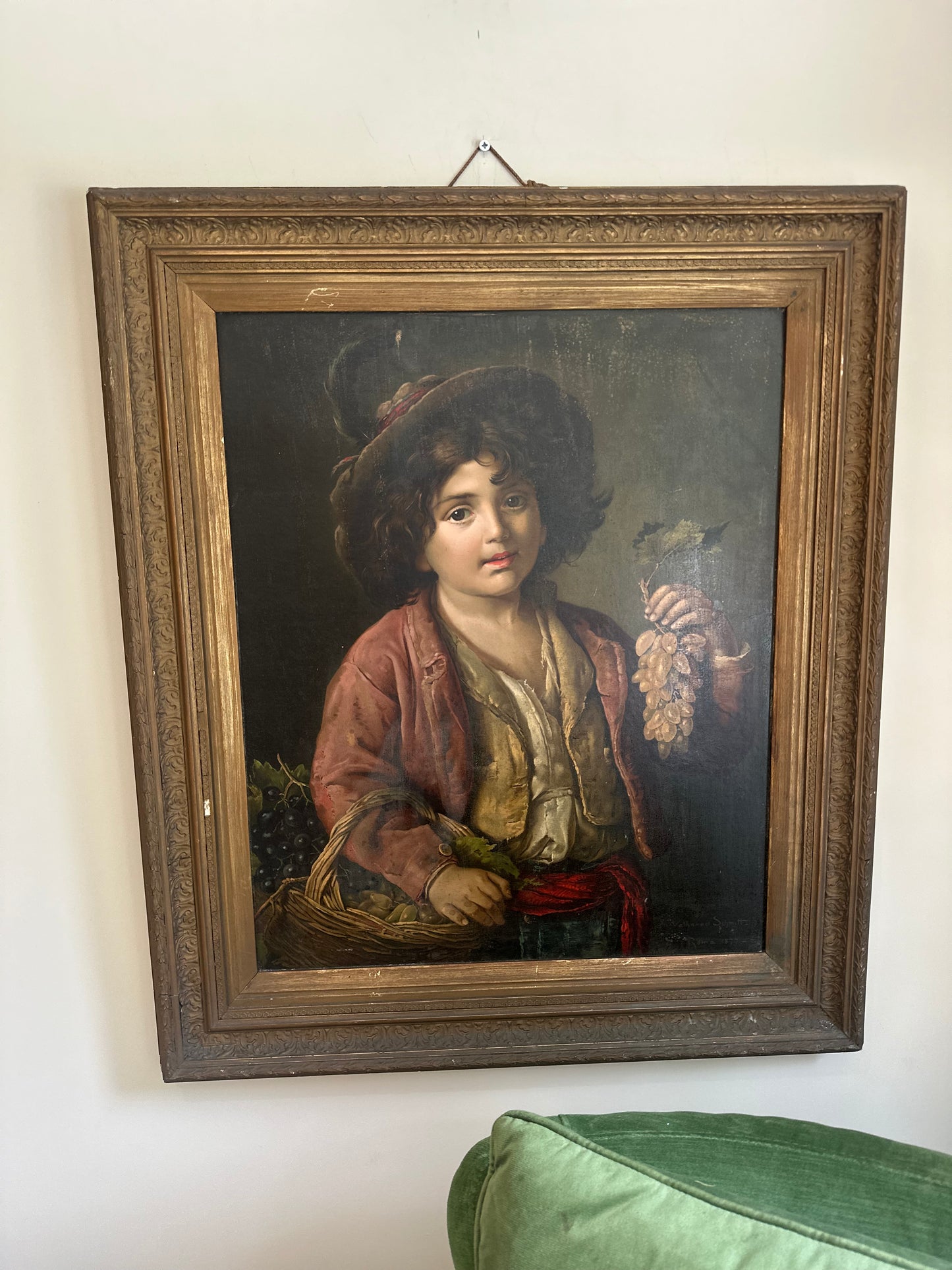 Boy with grapes large high quality oleograph painting picture framed signed