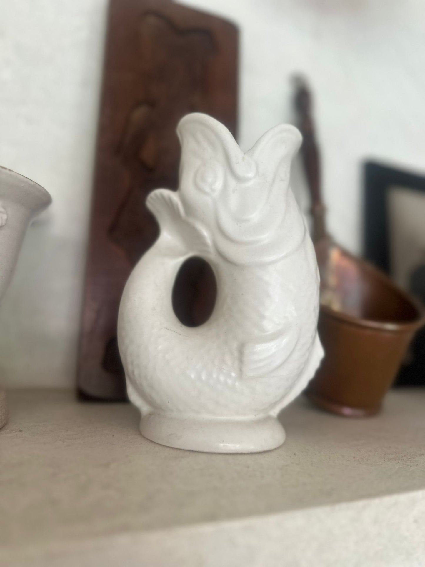 Dartmouth pottery vintage glug jug fish white