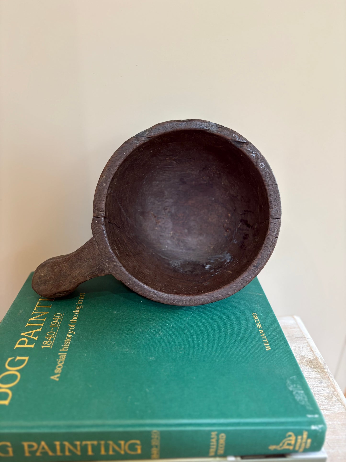Indian primitive large wooden bowl with handle