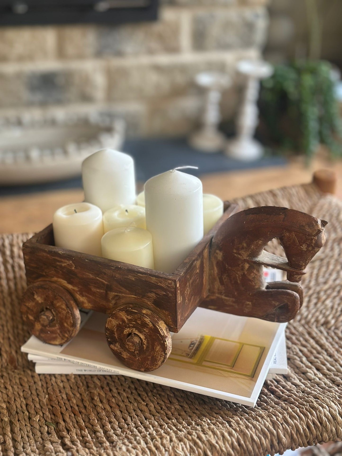 folk art horse coffee table - shelf styling piece
