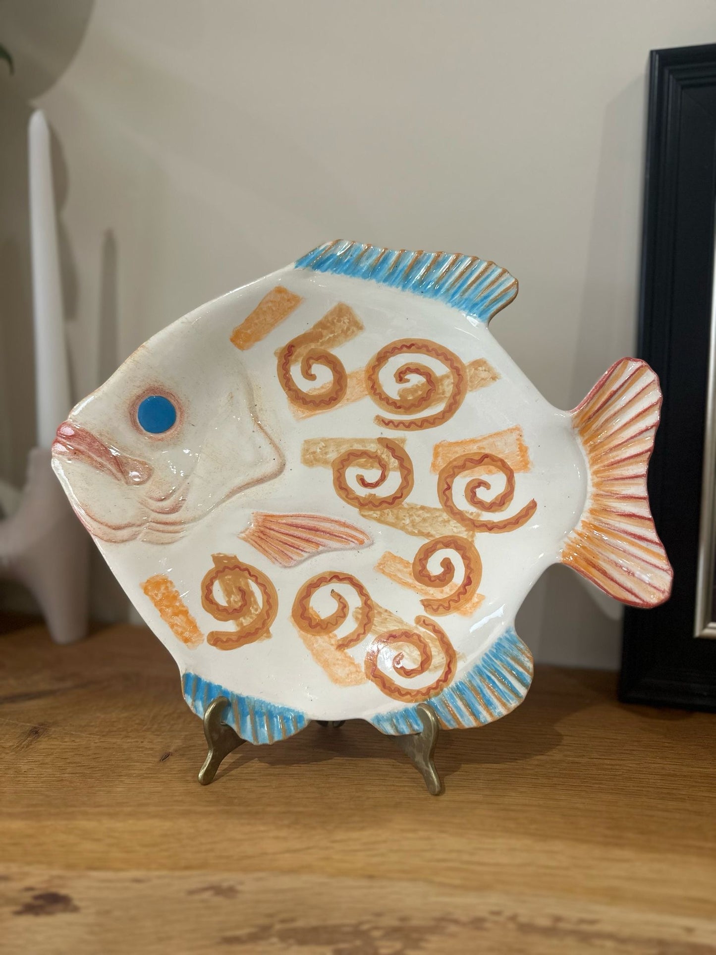 vintage signed studio pottery fish display plate