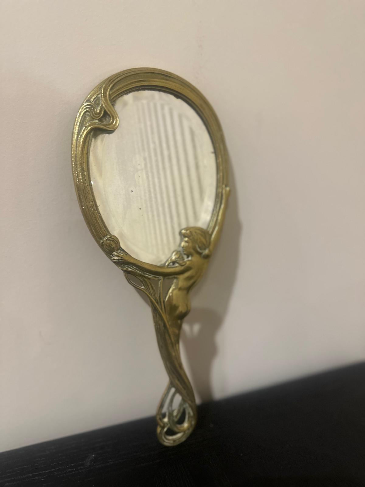 antique hand held mirror Art nouveau naked lady