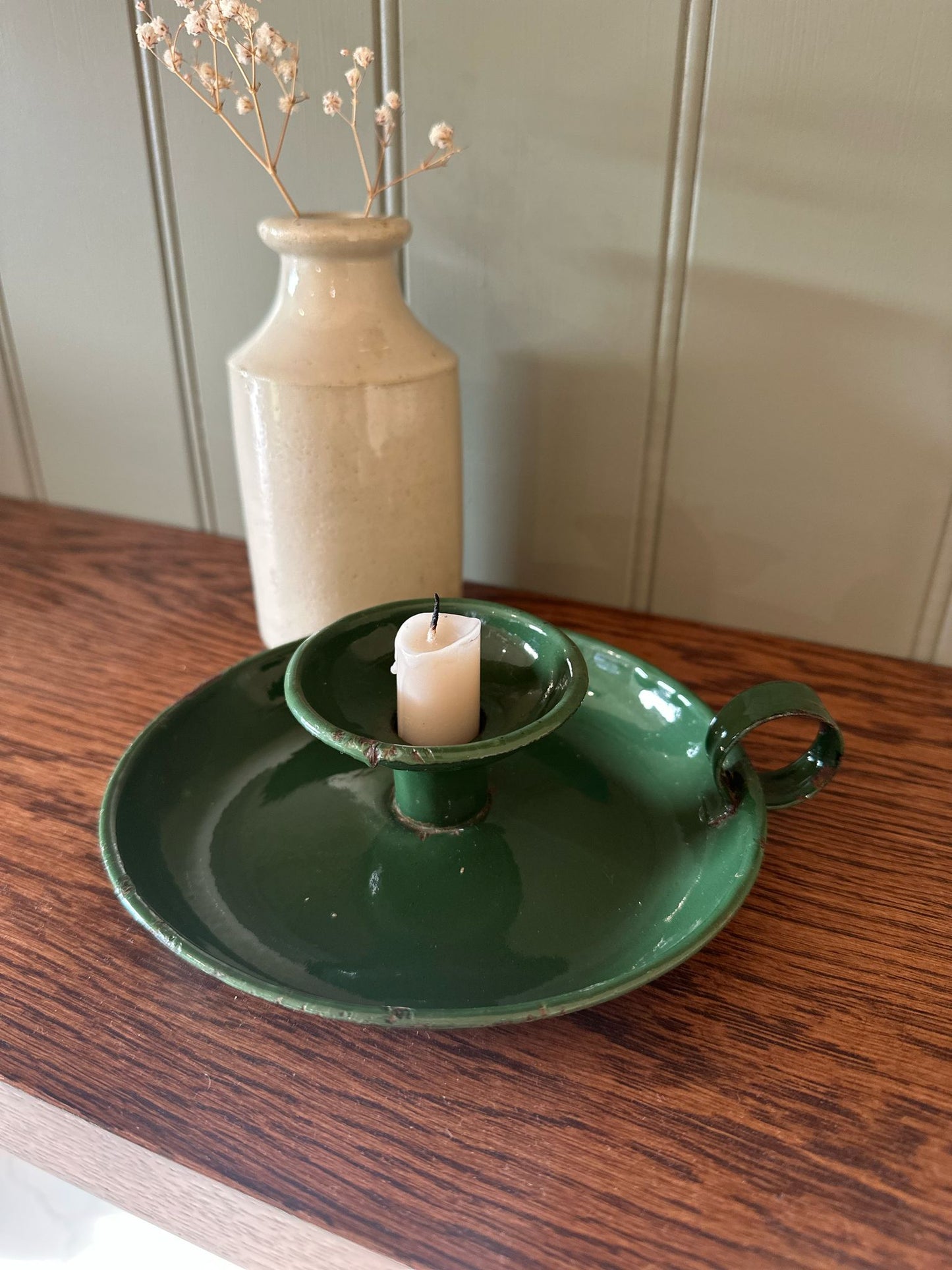 military green enamel chamber stick candle holder