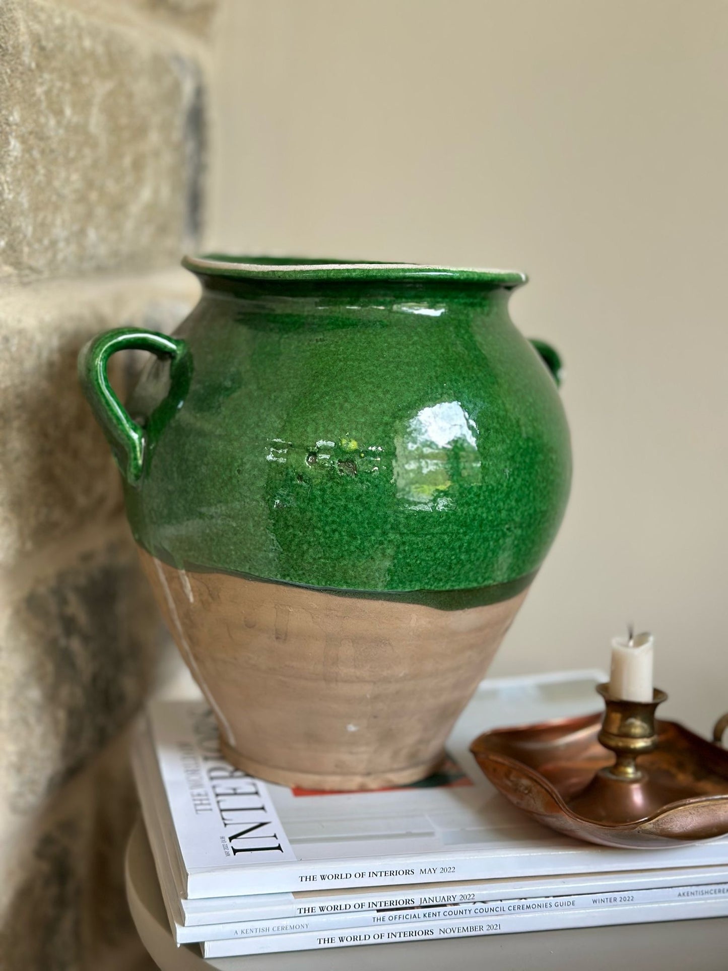 vintage large terracotta and green glazed pot