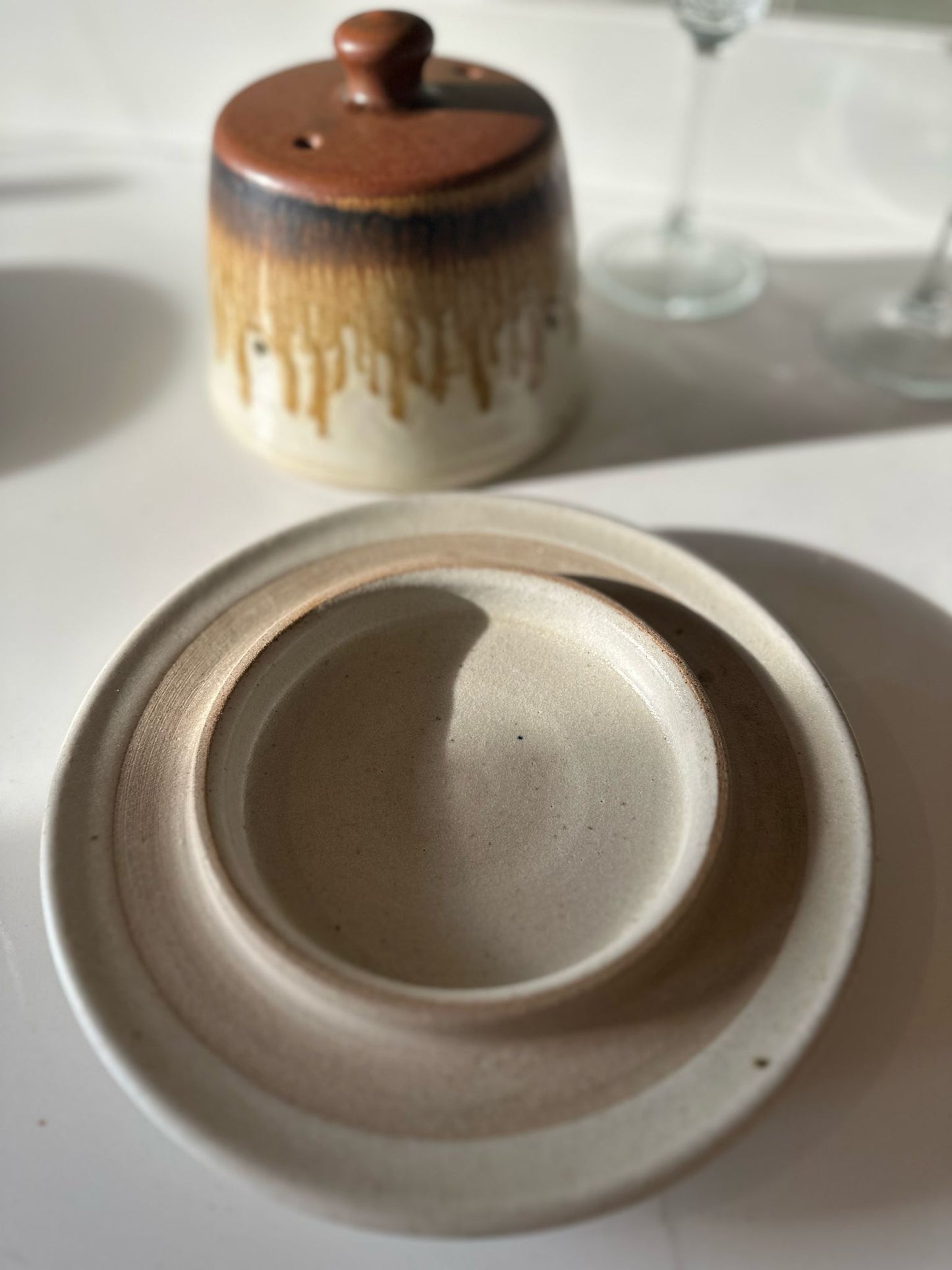 vintage cheese dome / butter dish studio pottery