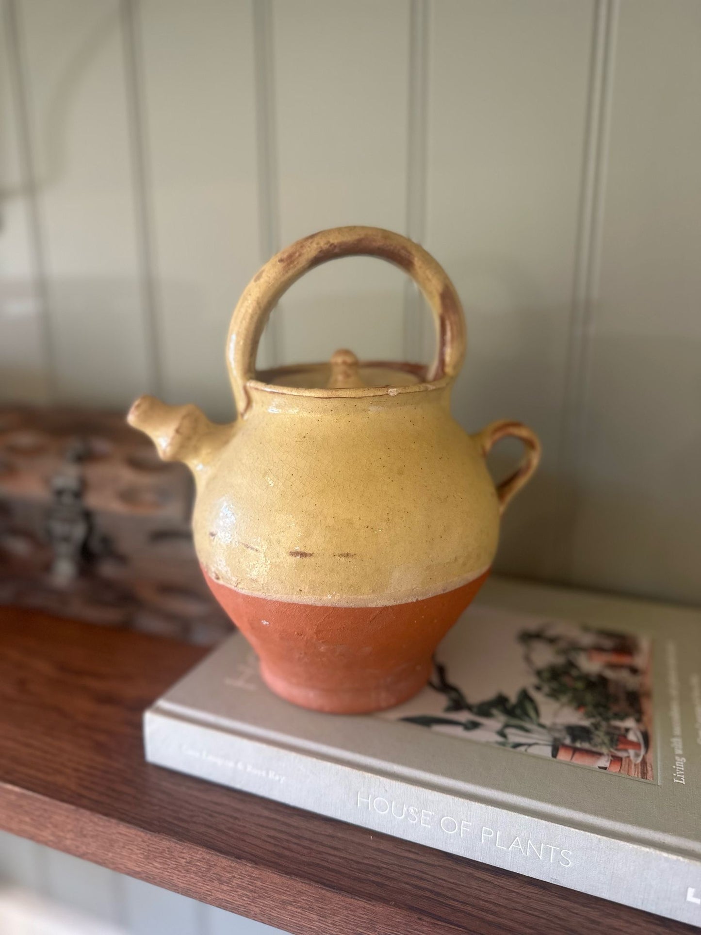 Antique French olive oil carrier glazed with lid
