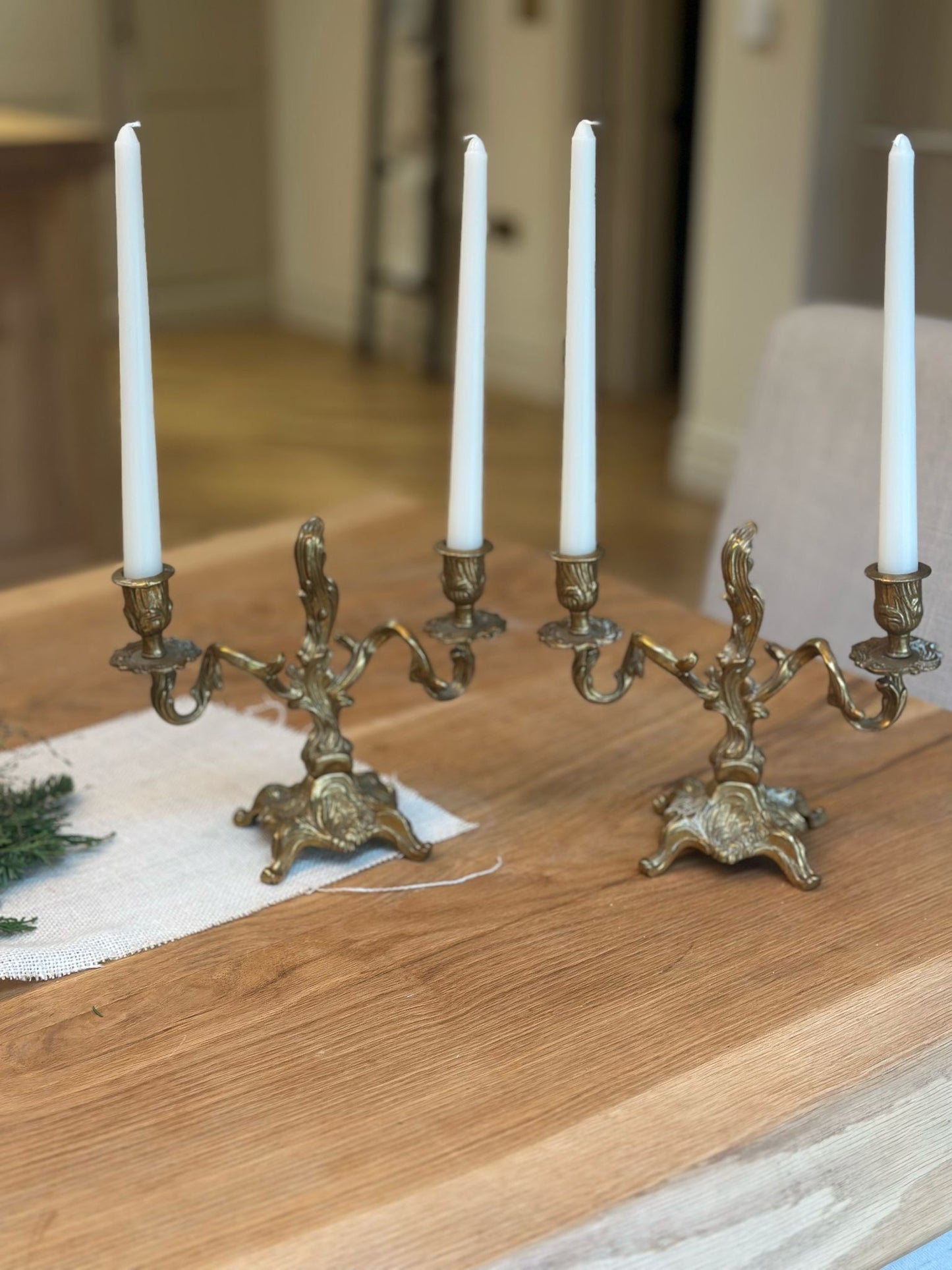 pair of vintage brass double candle holders