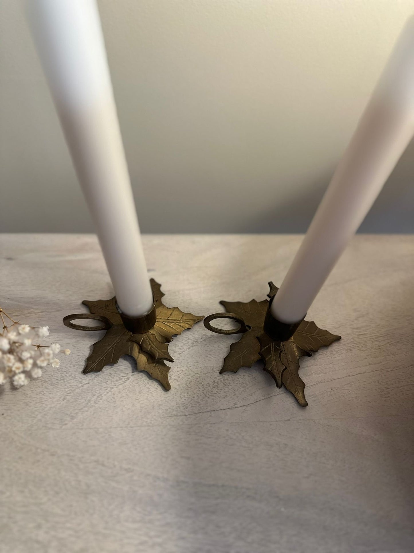 Vintage pair leaf candle stick holders brass