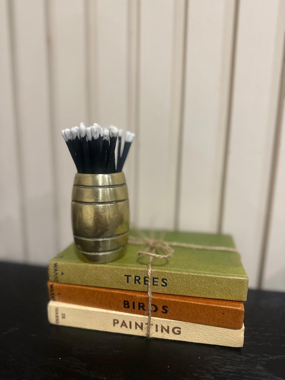 vintage brass barrel match stick holder heavy