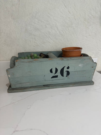 Vintage French baby blue chippy paint No 26 trug found in a vineyard