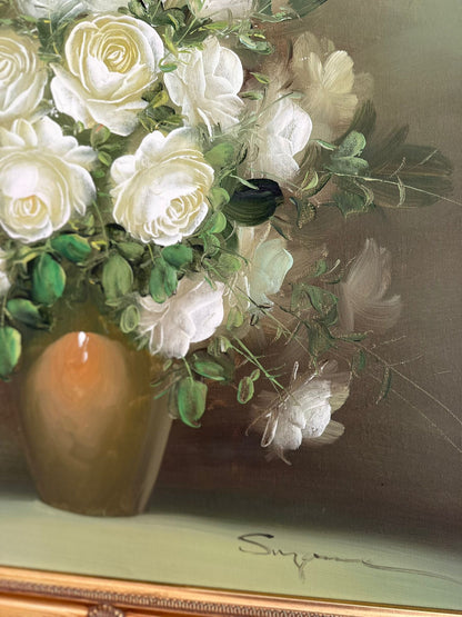 vintage framed floral painting signed large