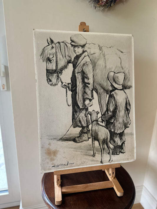Vintage wall art large - boy with horse