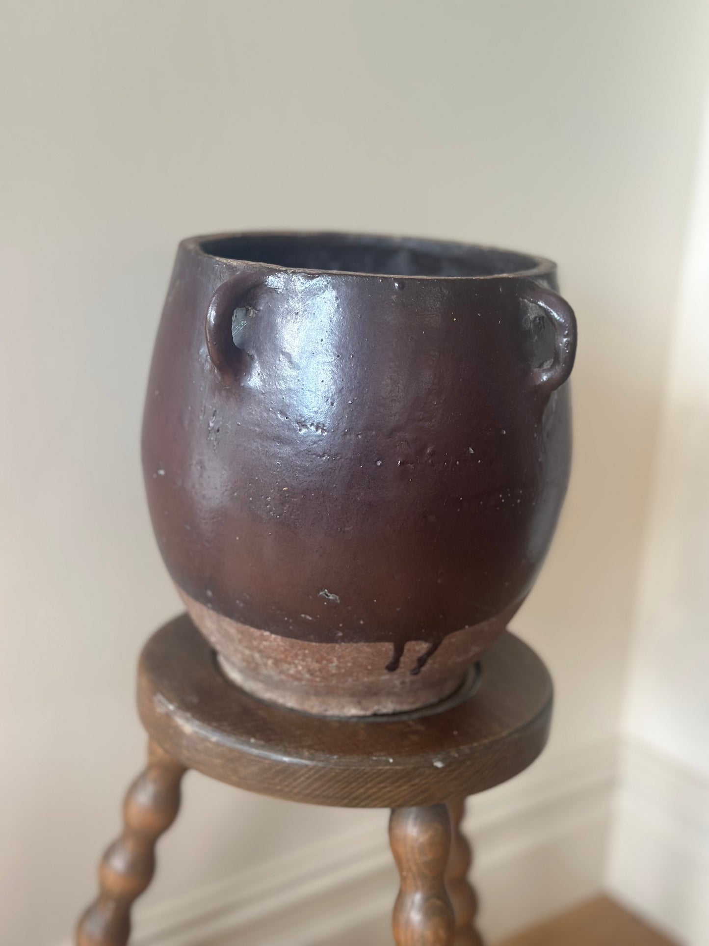 X Large French confit pot chocolate glaze 4 handle