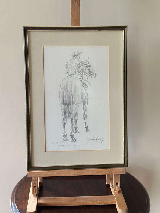 Horse & rider pencil sketch framed & signed