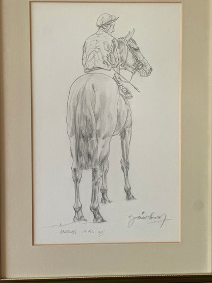 Horse & rider pencil sketch framed & signed