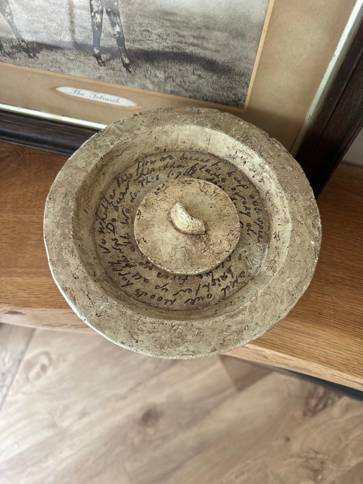 Vintage burner stone pot with etched writhing