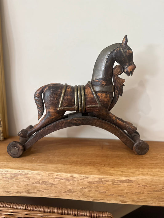 Vintage wooden & brass folk art rocking horse