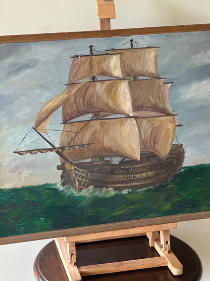 Vintage wall art oil on board signed framed - boat