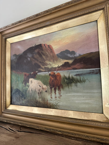 Pair of highland cow vintage paintings framed