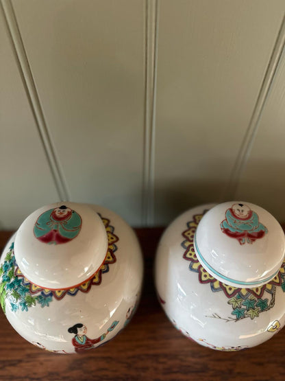 pair of vintage Chinese ginger jars with lids