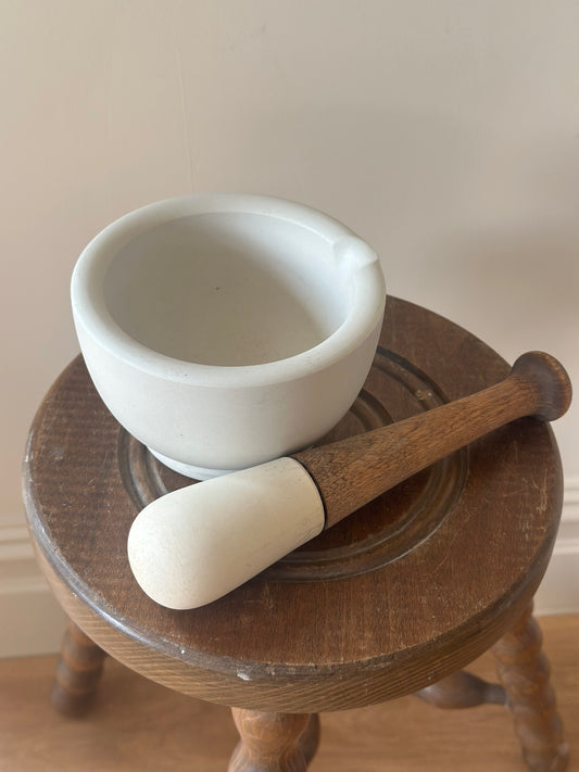 Vintage White Vitrified Porcelain Wood Mortar & Pestle