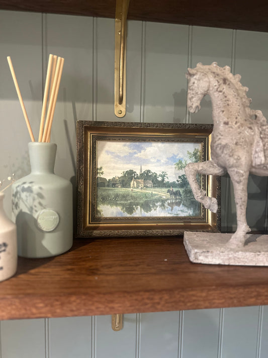 Vintage country scene painting on board framed
