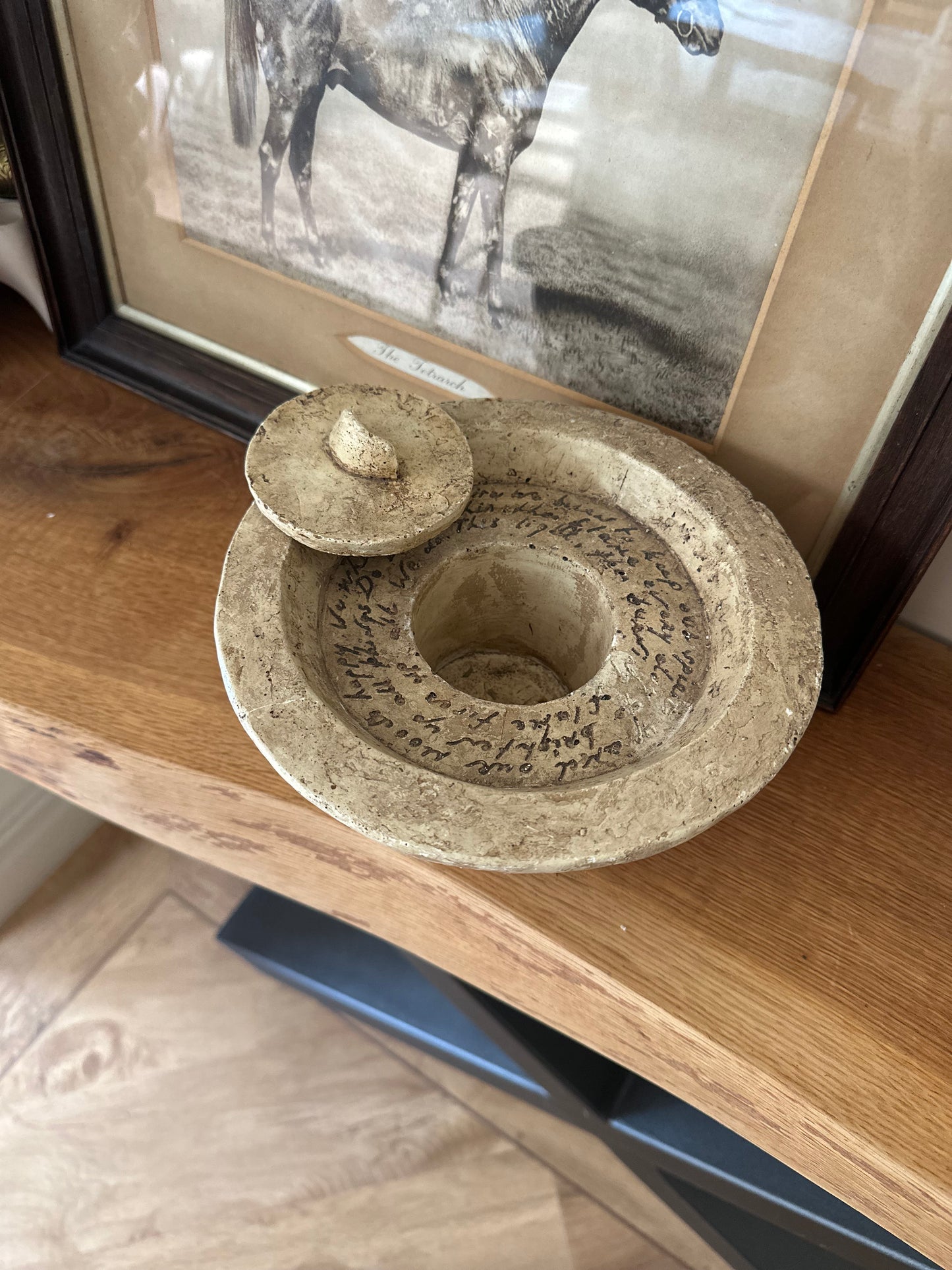 Vintage burner stone pot with etched writhing