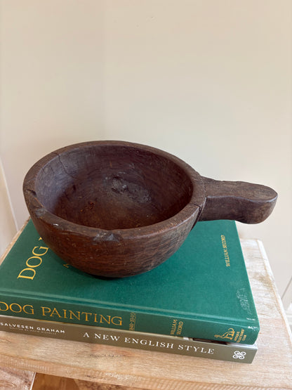 Indian primitive large wooden bowl with handle