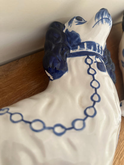 Pair of hand painted Staffordshire wally dogs large blue & white