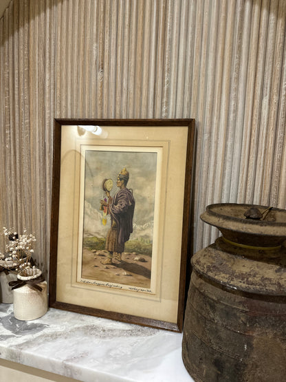 Vintage watercolour painting of Tibetan beggar signed & framed