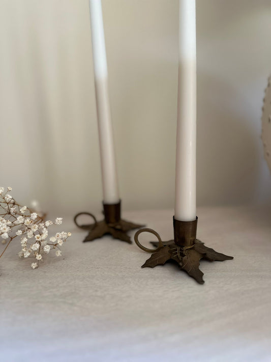 Vintage pair leaf candle stick holders brass