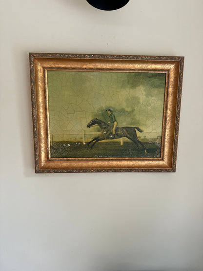 Framed oleograph of a racing horse vintage
