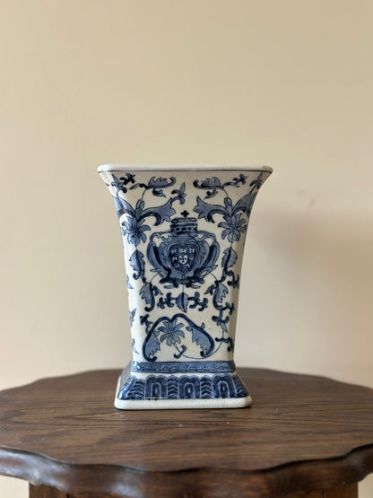 Vintage stonewear large trumpet vase floral display blue & white French