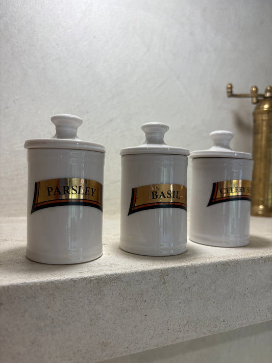 Trio of vintage spice pot in medical style