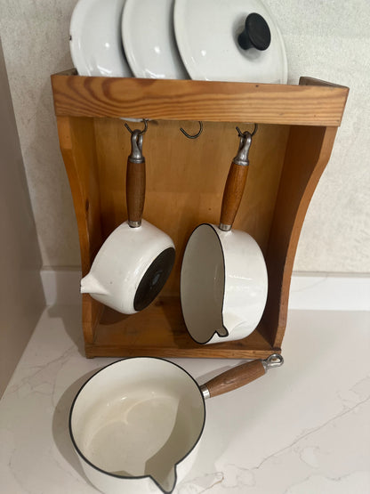 Vintage Set of Le creuset pans inc wall cabinet
