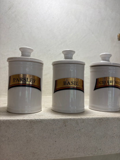 Trio of vintage spice pot in medical style