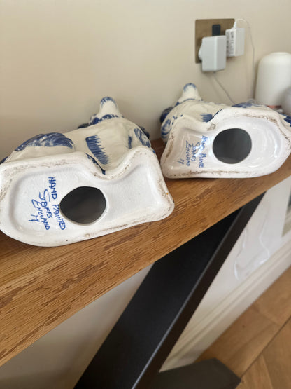 Pair of hand painted Staffordshire wally dogs large blue & white