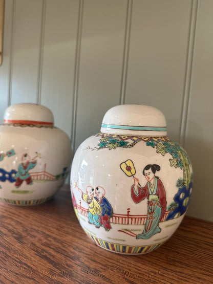 pair of vintage Chinese ginger jars with lids