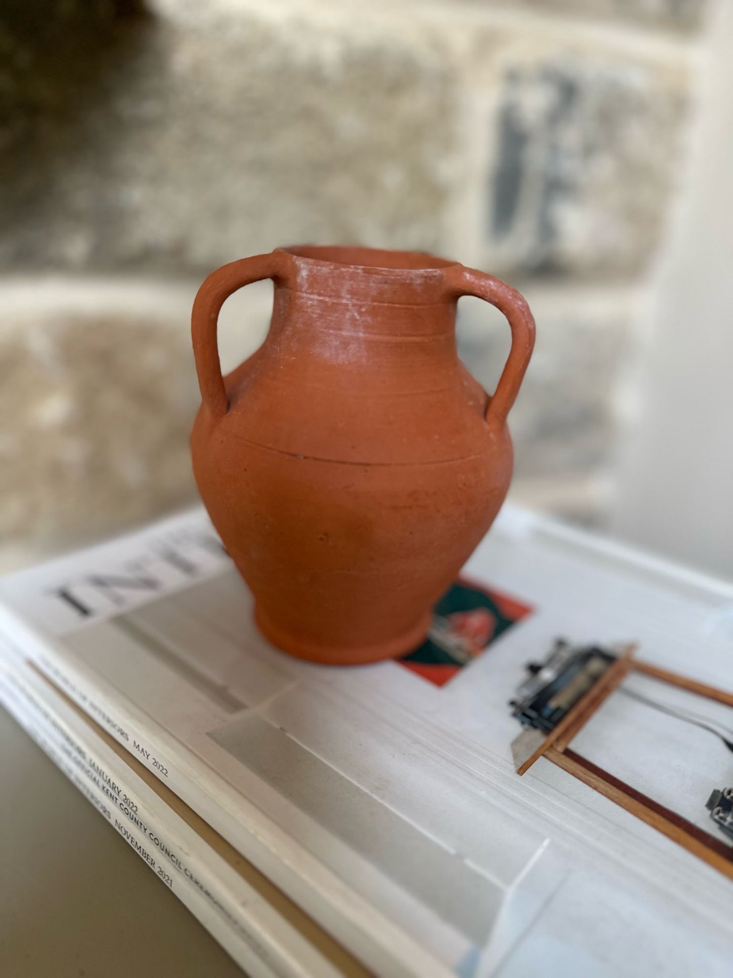 vintage small Greek style 3 handled vase urn